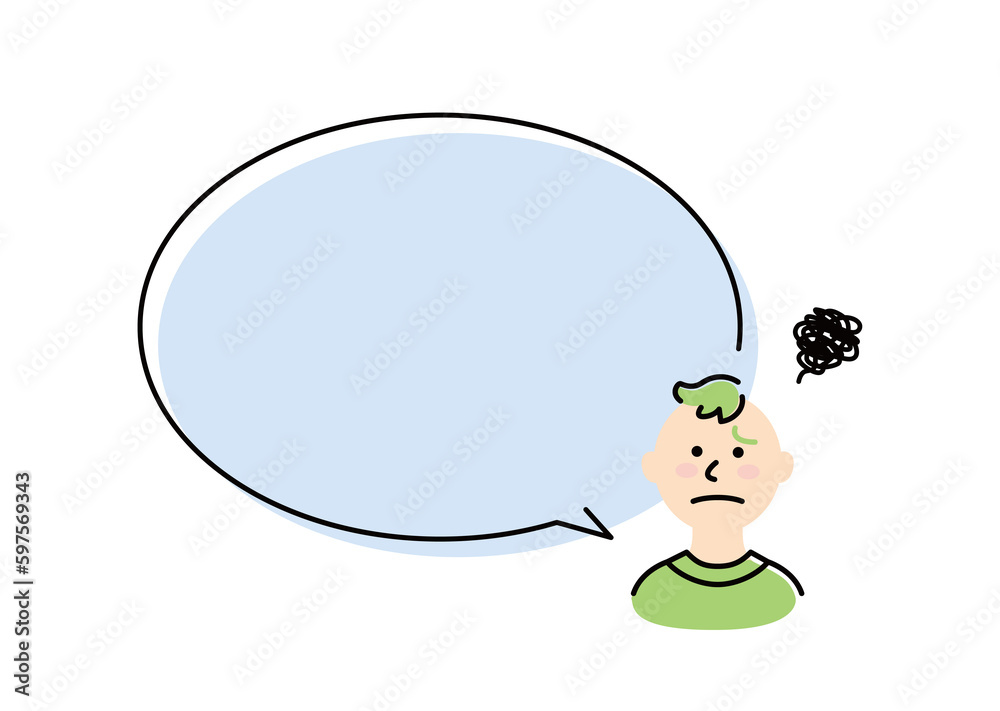 This illustration shows a boy speaking with a large speech balloon and a troubled face. This illustration shows a boy speaking with a large speech balloon and a troubled face.