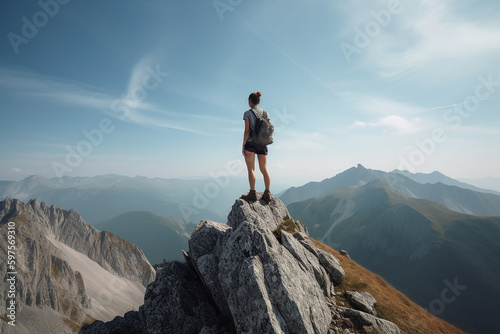 Uma mulher alta e confiante no topo de uma montanha photo
