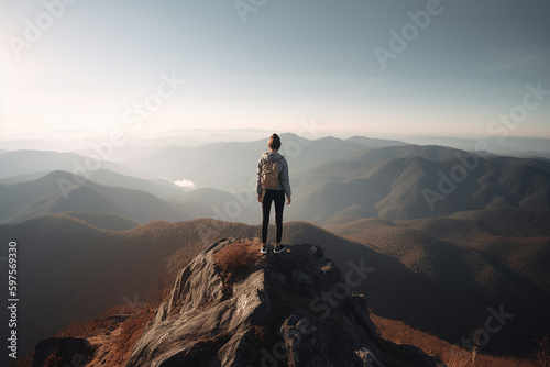 Uma mulher alta e confiante no topo de uma montanha © Alexandre