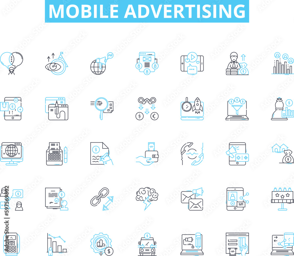 Mobile advertising linear icons set. Impressions, Clicks, Conversions, Targeting, Engagement, Geolocation, Personalization line vector and concept signs. Retargeting,Advertisements,Apps outline