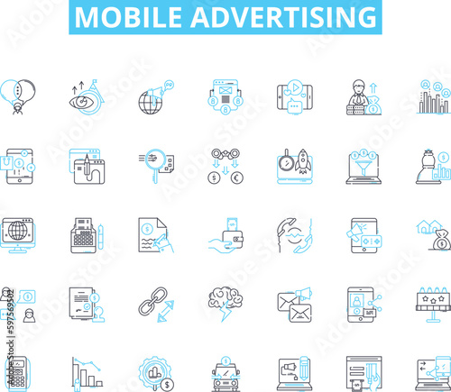 Mobile advertising linear icons set. Impressions, Clicks, Conversions, Targeting, Engagement, Geolocation, Personalization line vector and concept signs. Retargeting,Advertisements,Apps outline