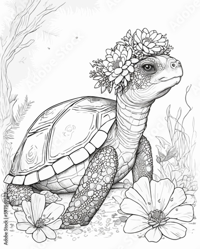 Turtle vector coloring book black and white for kids and adults isolated line art on white background.