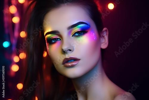 bela mulher com maquiagem colorida fashion 