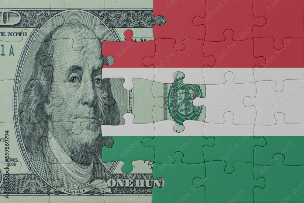 puzzle with the national flag of hungary and dollar money banknote. macro.concept.