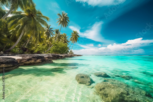 Beautiful tropical island in turquoise ocean. Generative AI illustration © colnihko