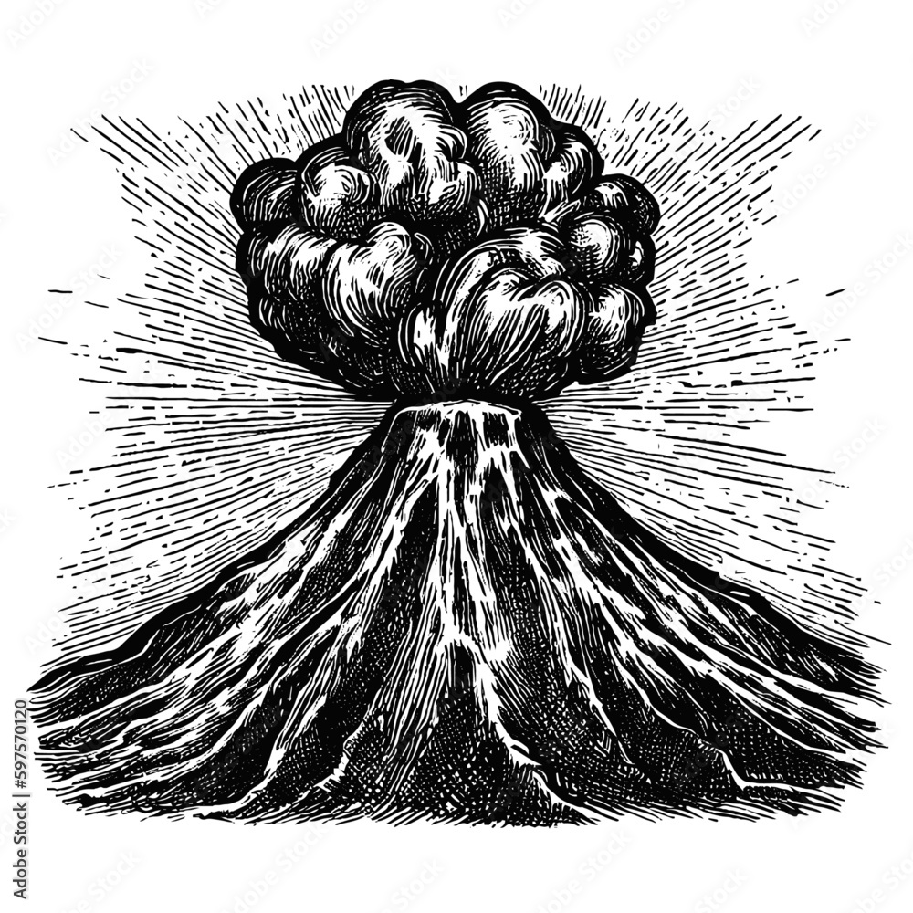 volcano eruption sketch, vector hand drawn 