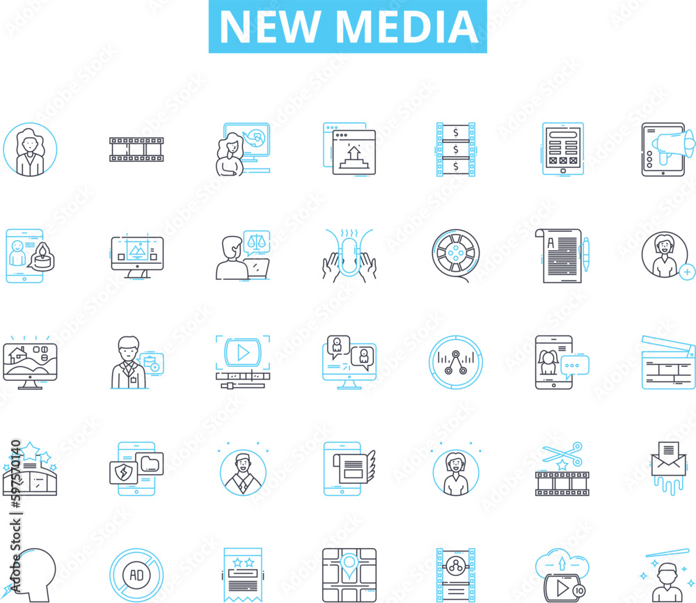 New media linear icons set. Interactivity, Digitalization, Connectivity, Innovation, Disruption, Virality, Collaboration line vector and concept signs. Creativity,Globalization,Immediacy outline New media linear icons set. Interactivity, Digitalization, Connectivity, Innovation, Disruption, Virality, Collaboration line vector and concept signs. Creativity,Globalization,Immediacy outline