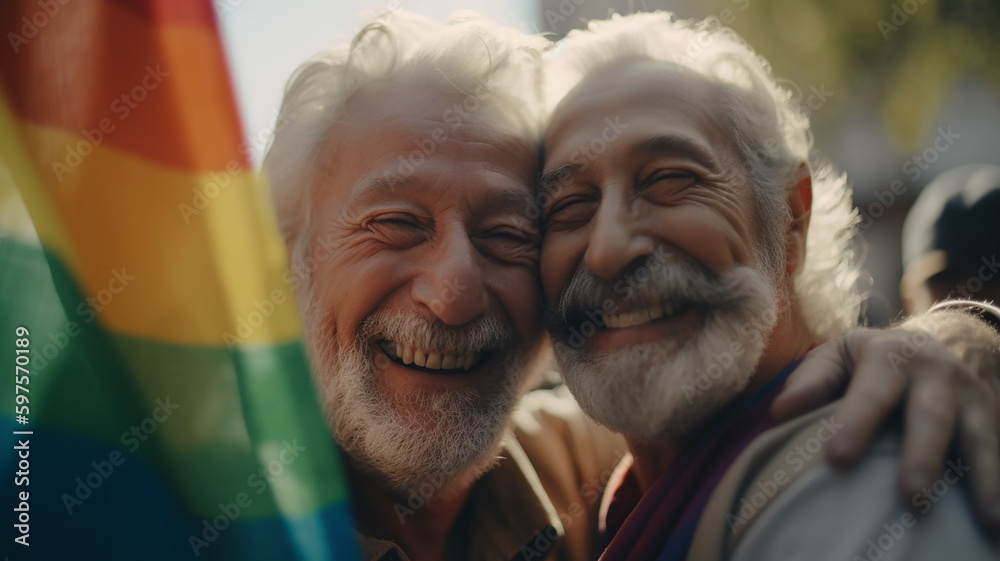 Happy smiling two older gay couple, celebrating pride month. LGBTQ community, support, gay pride month. Generative AI - obrazy, fototapety, plakaty 