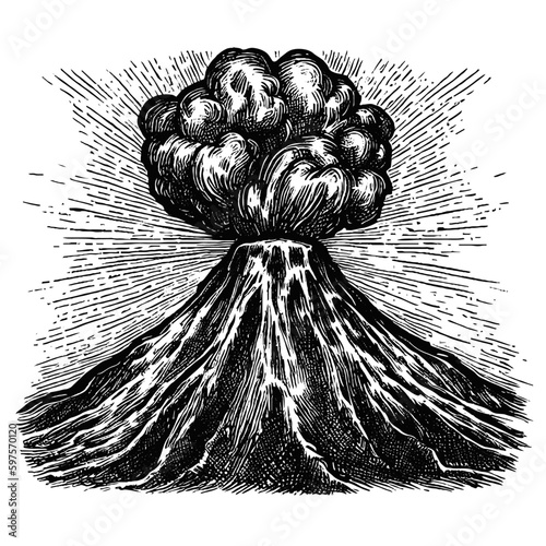 volcano eruption sketch, vector hand drawn 