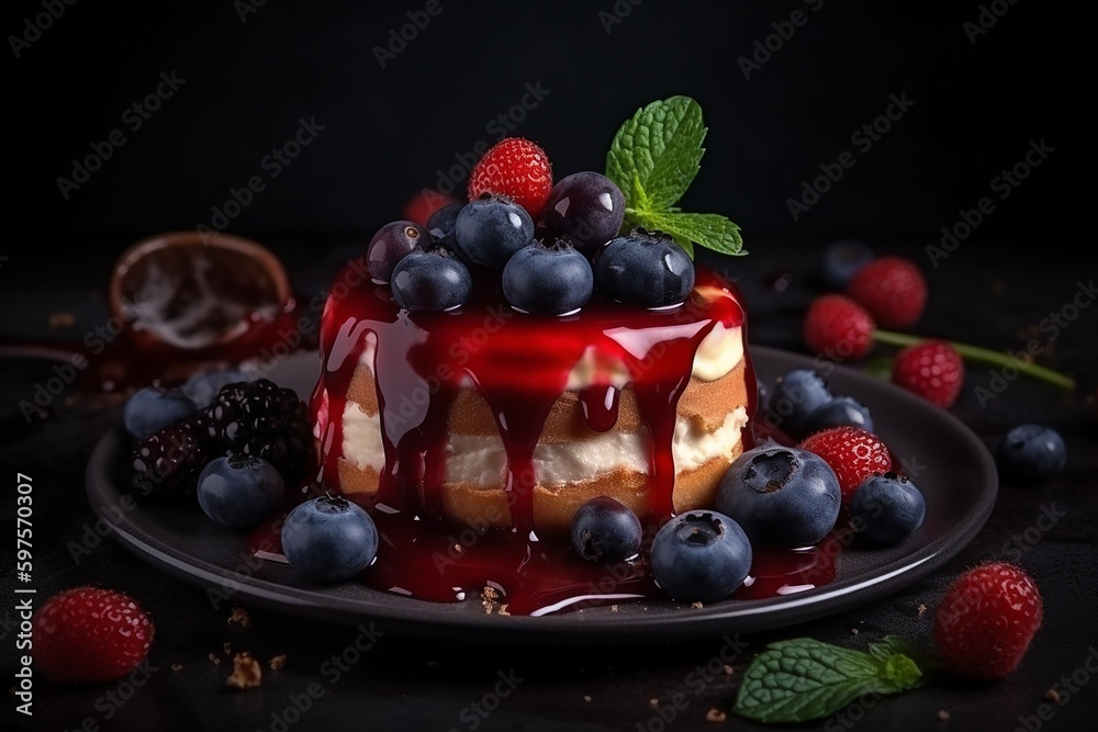 Cheesecake com calda de morango e mirtilos. Sobremesa. Em um fundo escuro, close-up Cheesecake com calda de morango e mirtilos. Sobremesa. Em um fundo escuro, close-up