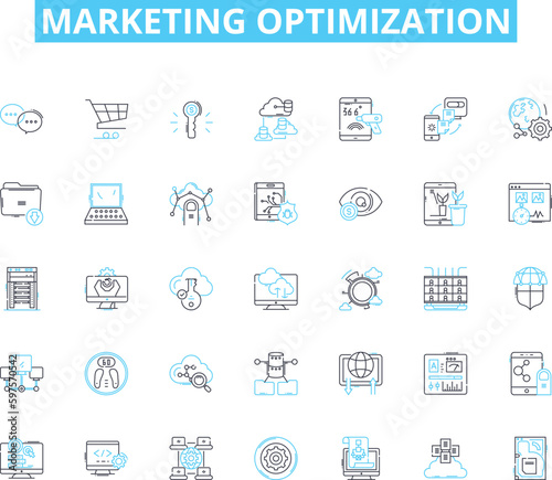 Marketing optimization linear icons set. Analytics, Strategy, Conversion, Automation, Personalization, Targeting, Segmentation line vector and concept signs. Metrics,Optimization,Customer outline