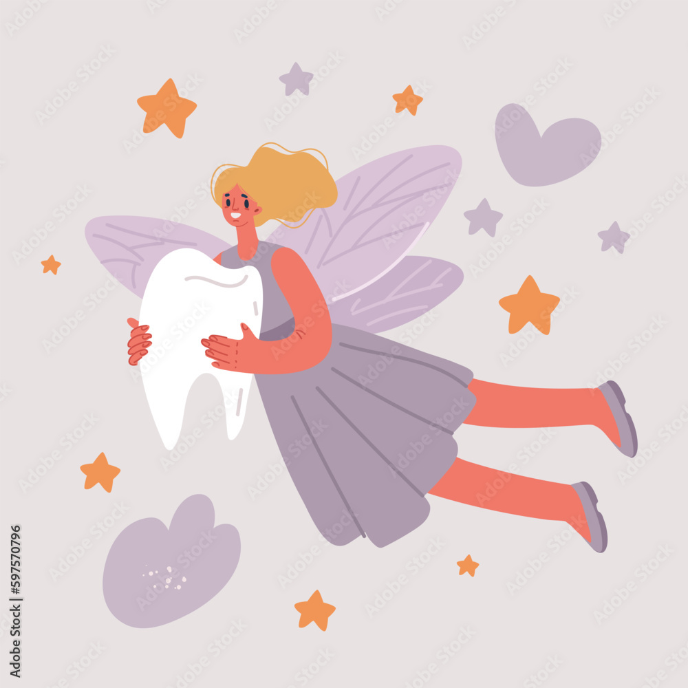 Vector illustration of little tooth fairy princess girl with a tooth.
