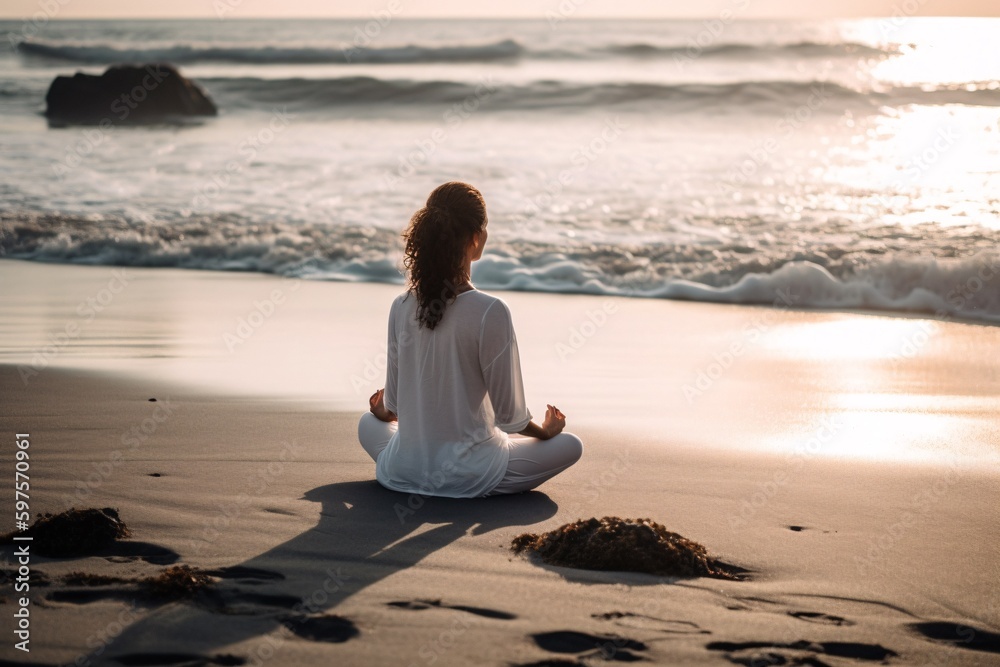 Photo of woman practicing mindfulness, meditation and yoga in peaceful environment beach.