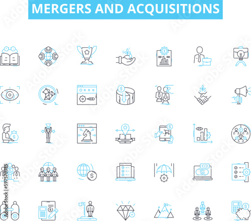 Mergers and acquisitions linear icons set. Consolidation, Integration, Synergy, Dilution, Takeover, Amalgamation, Buyout line vector and concept signs. Merger,Acquisition,Reorganization outline photo