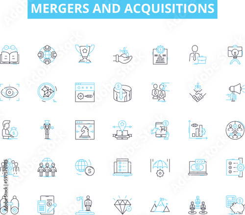 Mergers and acquisitions linear icons set. Consolidation, Integration, Synergy, Dilution, Takeover, Amalgamation, Buyout line vector and concept signs. Merger,Acquisition,Reorganization outline