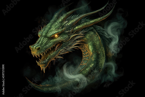 Illustration of green wooden fire breathing dragon head isolated on black background. Symbol of 2024. Chinese New Year. Dragon image. High definition. Generative AI, human enhanced © Sheremetio