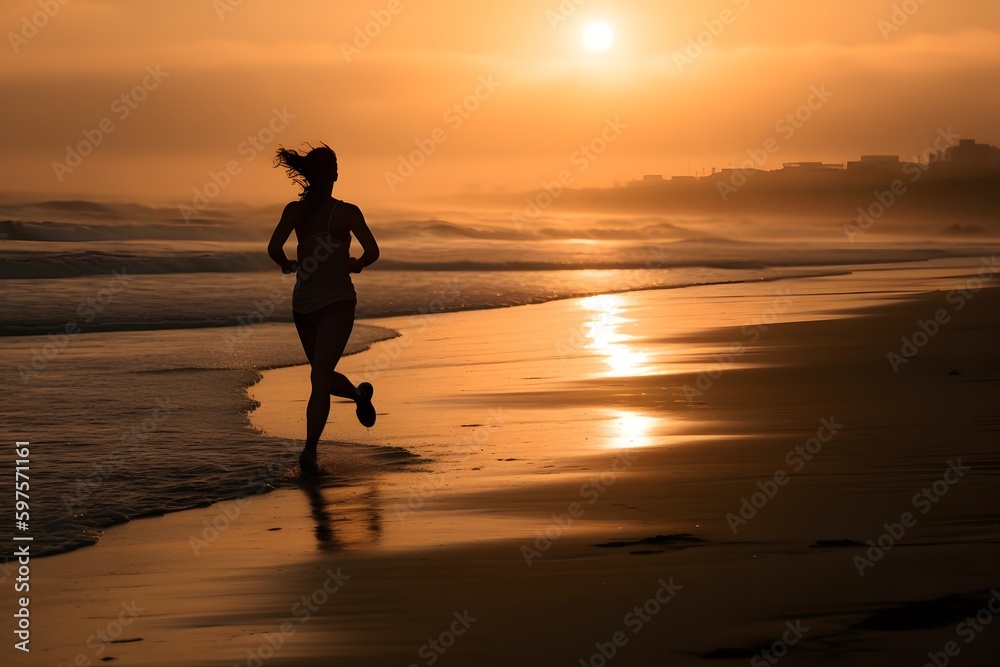 Running by the Beach: A woman running along the beach during sunrise or sunshine. Generative Ai.