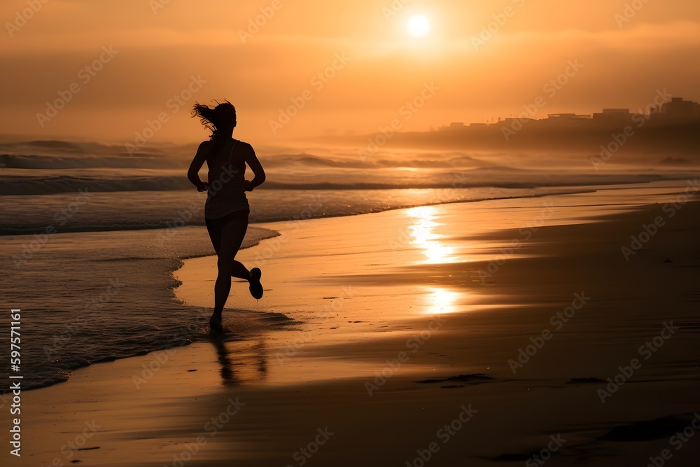 Running by the Beach: A woman running along the beach during sunrise or sunshine. Generative Ai. Running by the Beach: A woman running along the beach during sunrise or sunshine. Generative Ai.
