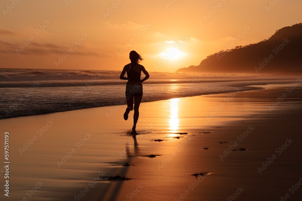 Running by the Beach: A woman running along the beach during sunrise or sunshine. Generative Ai.