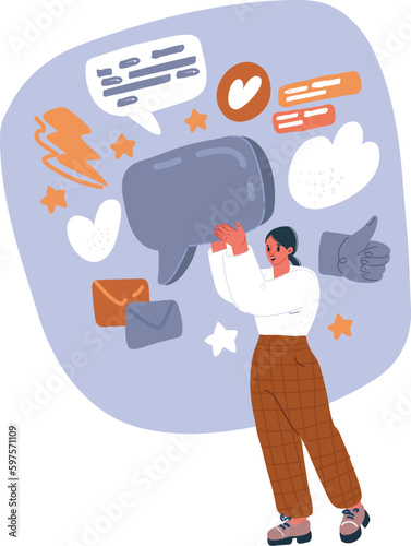 Vector illustration of woman holding blank speech bubble in hand. Communication and cooperation.