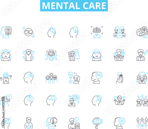 Mental care linear icons set. Therapy, Counseling, Compassion, Self-care, Mindfulness, Recovery, Healing line vector and concept signs. Coping,Well-being,Resilience outline illustrations