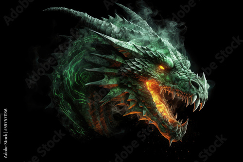 Illustration of green wooden fire breathing dragon head isolated on black background. Symbol of 2024. Chinese New Year. Dragon image. High definition. Generative AI, human enhanced