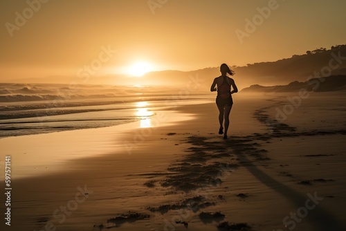 Running by the Beach: A woman running along the beach during sunrise or sunshine. Generative Ai.