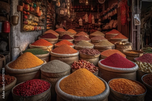 Picture showcasing exotic food market filled with spices, herbs, and colorful produce. Generative Ai.