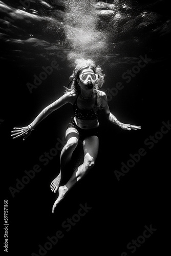 mulher  mergulhando debaixo d'água, bela composição de fotos em preto e branco