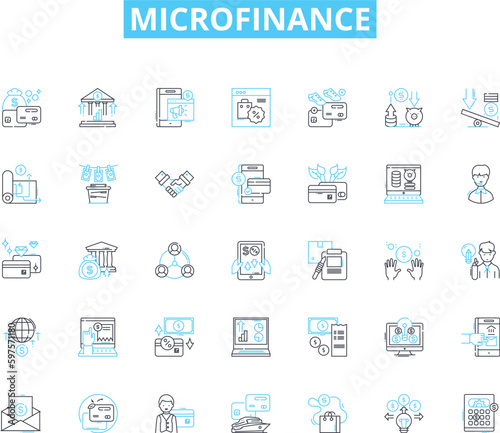 Microfinance linear icons set. Empowerment, Inclusion, Entrepreneurship, Investment, Sustainability, Credit, Poverty line vector and concept signs. Opportunity,Growth,Access outline illustrations photo
