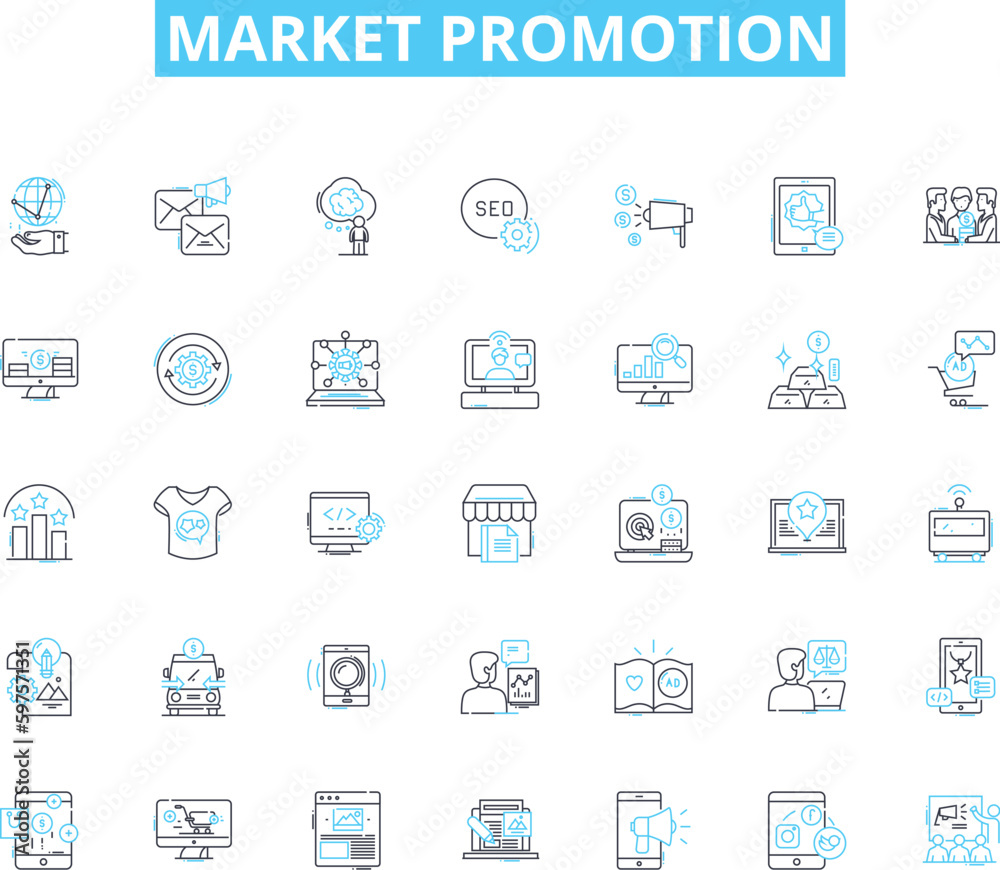Market promotion linear icons set. Campaign, Advertisement, Branding, Promotion, Engagement, Strategy, Leads line vector and concept signs. Conversion,Traffic,Exposure outline illustrations
