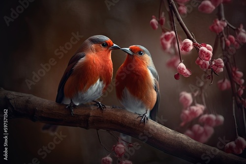 Couple of romantic budgies birds on a branch. Love concept. Generative AI © Gelpi