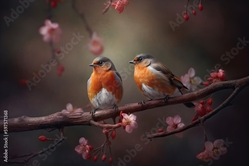 Couple of romantic budgies birds on a branch. Love concept. Generative AI © Gelpi