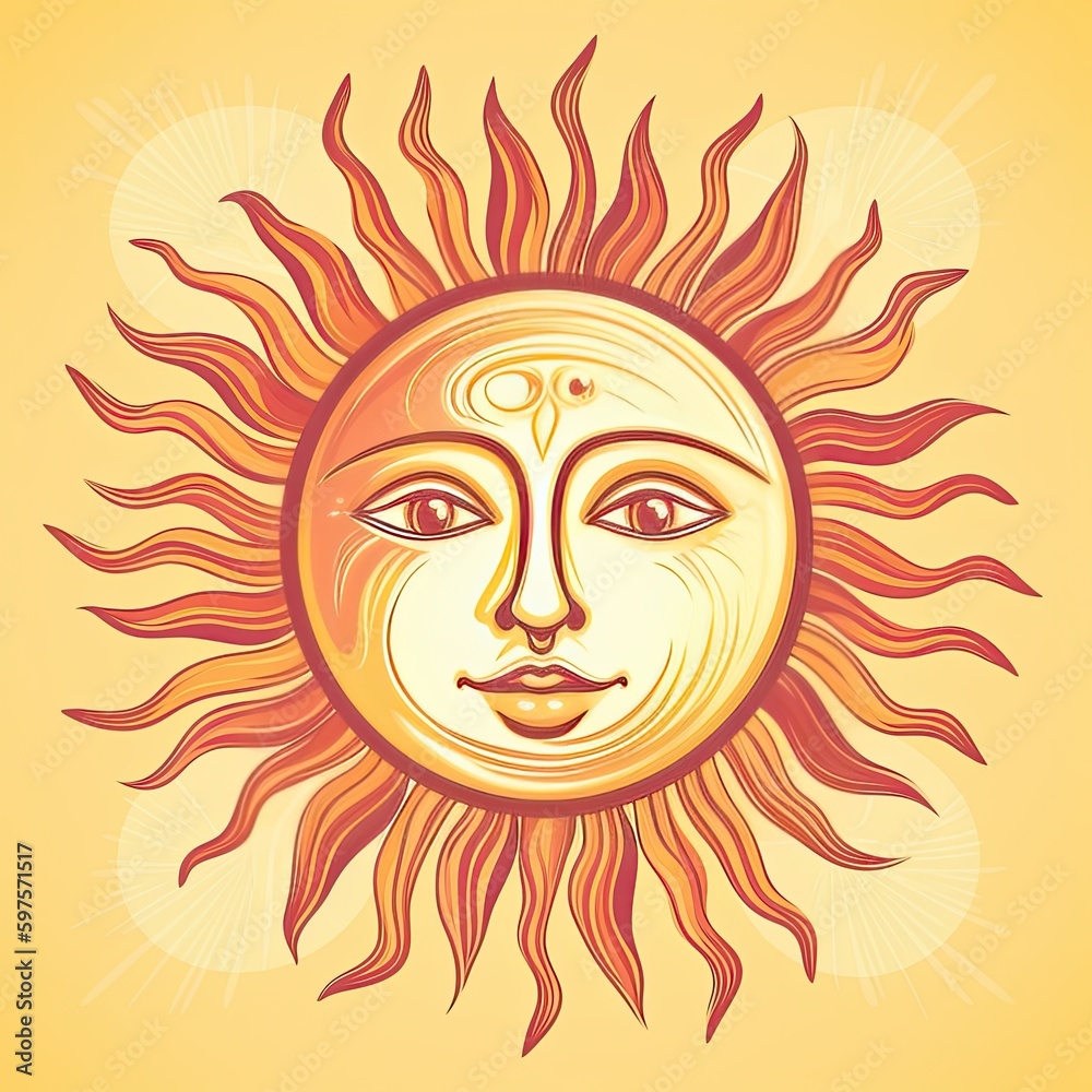 Illustration of a sun with face on a colored background. Generative AI