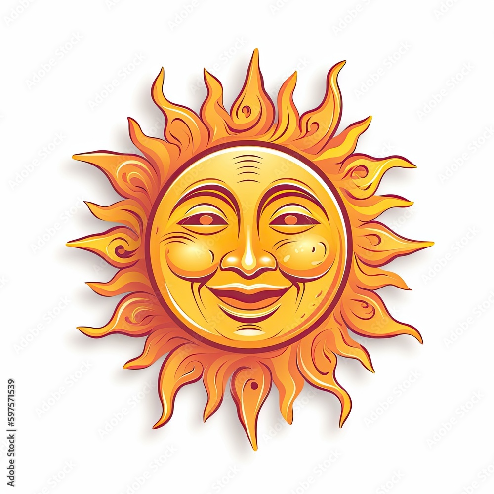 Illustration of a sun with face on a colored background. Generative AI