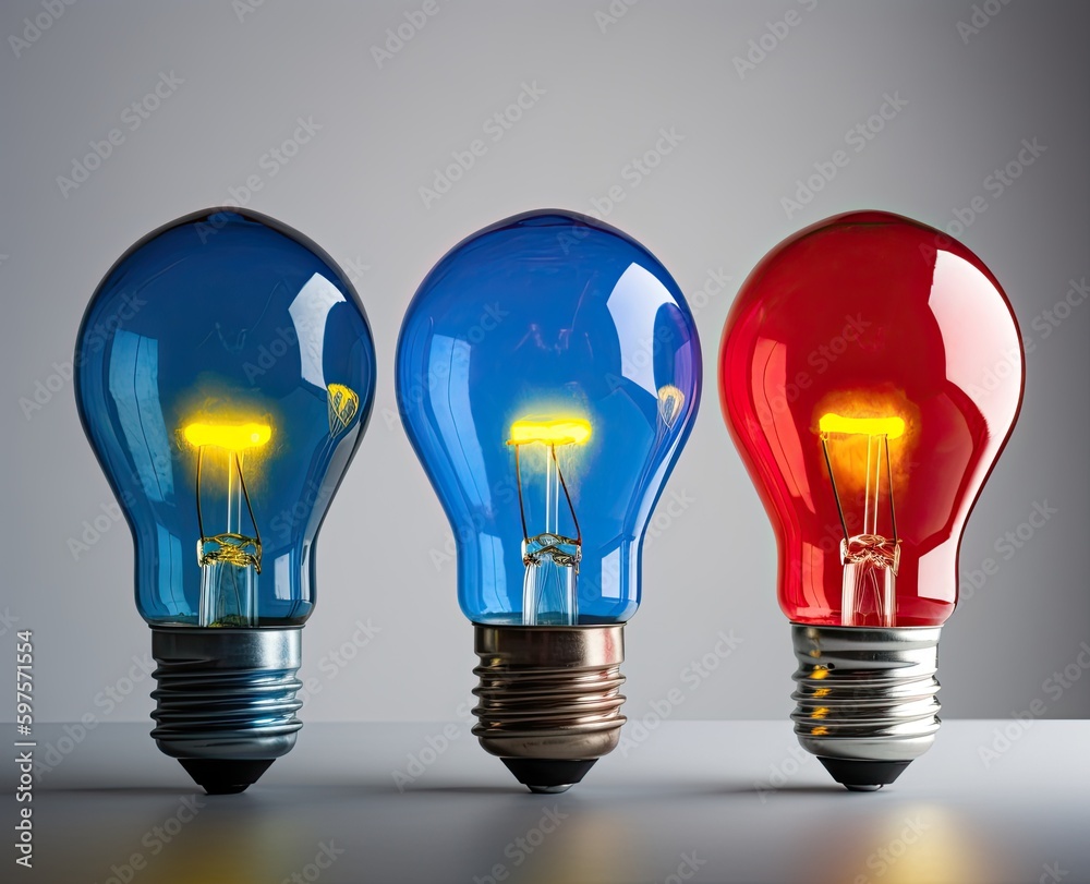 Colored light bulbs on a light background. Bright ideas concept. Generative AI Colored light bulbs on a light background. Bright ideas concept. Generative AI