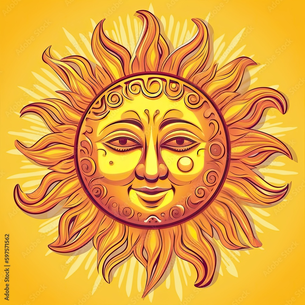 Illustration of a sun with face on a colored background. Generative AI