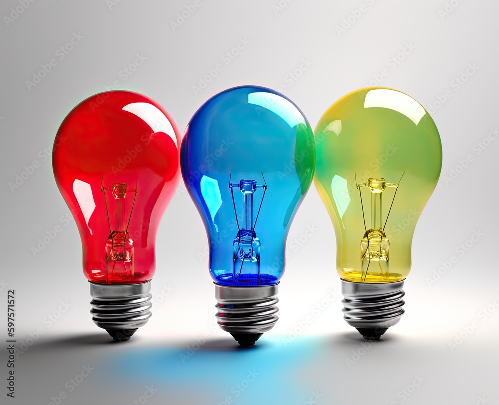 Colored light bulbs on a light background. Bright ideas concept. Generative AI Colored light bulbs on a light background. Bright ideas concept. Generative AI