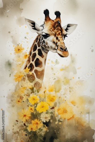 Beautiful portrait with a giraffe in the nature with flowers sunround. Generative AI