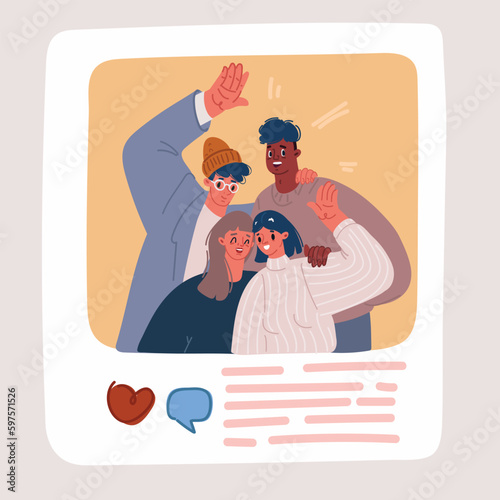 Vector illustration of Young couple woman, man taking selfie photo on smartphone in social media post