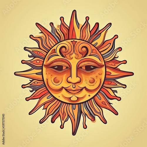 Illustration of a sun with face on a colored background. Generative AI © Gelpi
