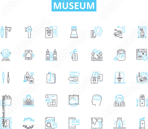 Museum linear icons set. Artifacts, Exhibits, Gallery, Archaeology, History, Memorabilia, Sculpture line vector and concept signs. Antiquities,Collections,Architecture outline illustrations