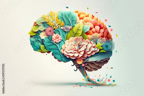 Human brain with spring colorful flowers. Concept of mental health, self care, happiness, harmony, positive thinking, creative mind. Generative ai. photo