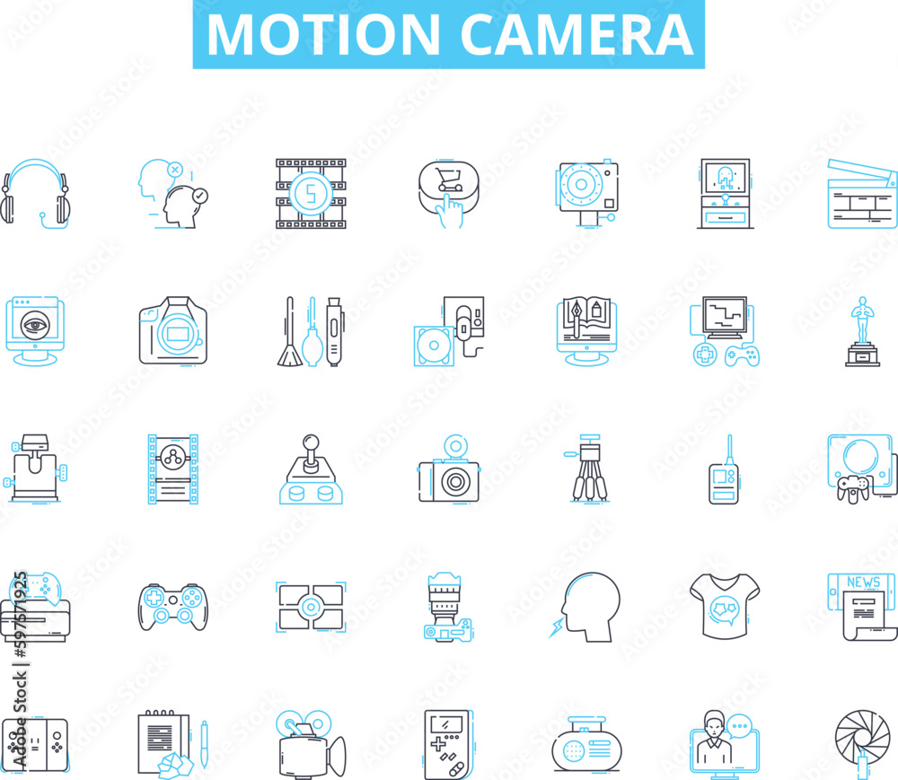 Motion camera linear icons set. Action, Adventure, Waterproof, Durability, Quality, Biking, Hiking line vector and concept signs. Mountaineering,Surfing,Snowboarding outline illustrations Motion camera linear icons set. Action, Adventure, Waterproof, Durability, Quality, Biking, Hiking line vector and concept signs. Mountaineering,Surfing,Snowboarding outline illustrations