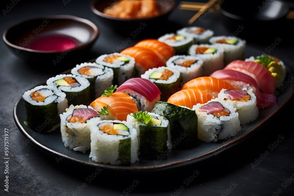 Vibrant images of fresh sushi rolls, arranged artfully on a plate. Generative Ai. Vibrant images of fresh sushi rolls, arranged artfully on a plate. Generative Ai.