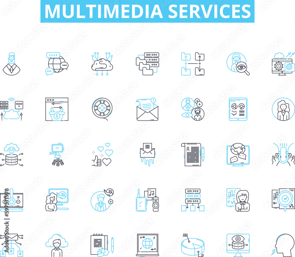multimedia services linear icons set. Animation, Audio, Branding, Cinematography, Content, Design, Editing line vector and concept signs. Flash,Graphics,Images outline illustrations