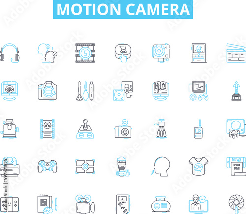 Motion camera linear icons set. Action, Adventure, Waterproof, Durability, Quality, Biking, Hiking line vector and concept signs. Mountaineering,Surfing,Snowboarding outline illustrations