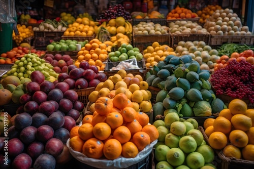 Vibrant images of fresh fruits and vegetables in a market. Generative Ai.