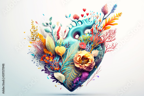Human heart with flowers. Illustration for World Heart Day. Love  heart health  emotion  softhearted  unselfish concept. Generative ai.