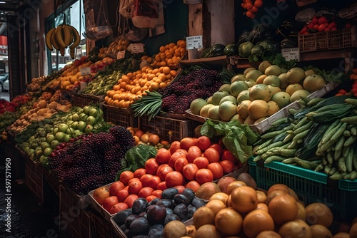 Vibrant images of fresh fruits and vegetables in a market. Generative Ai.